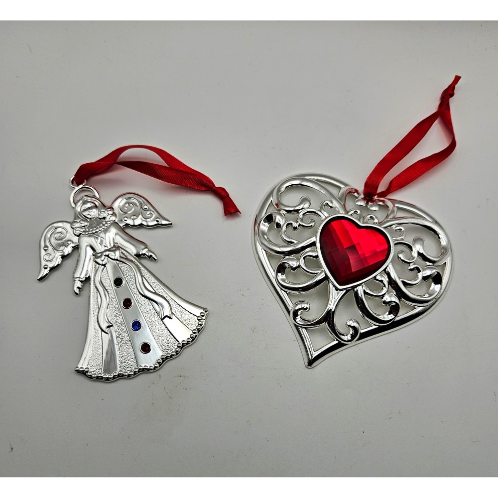 Lenox Silverplate Angel & Heart Hanging Ornaments Set of 2, Silver/Red Christmas